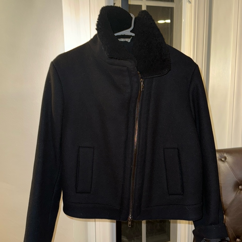 Vince navy blue wool coat with fuzzy collar and fur-lined trim inside